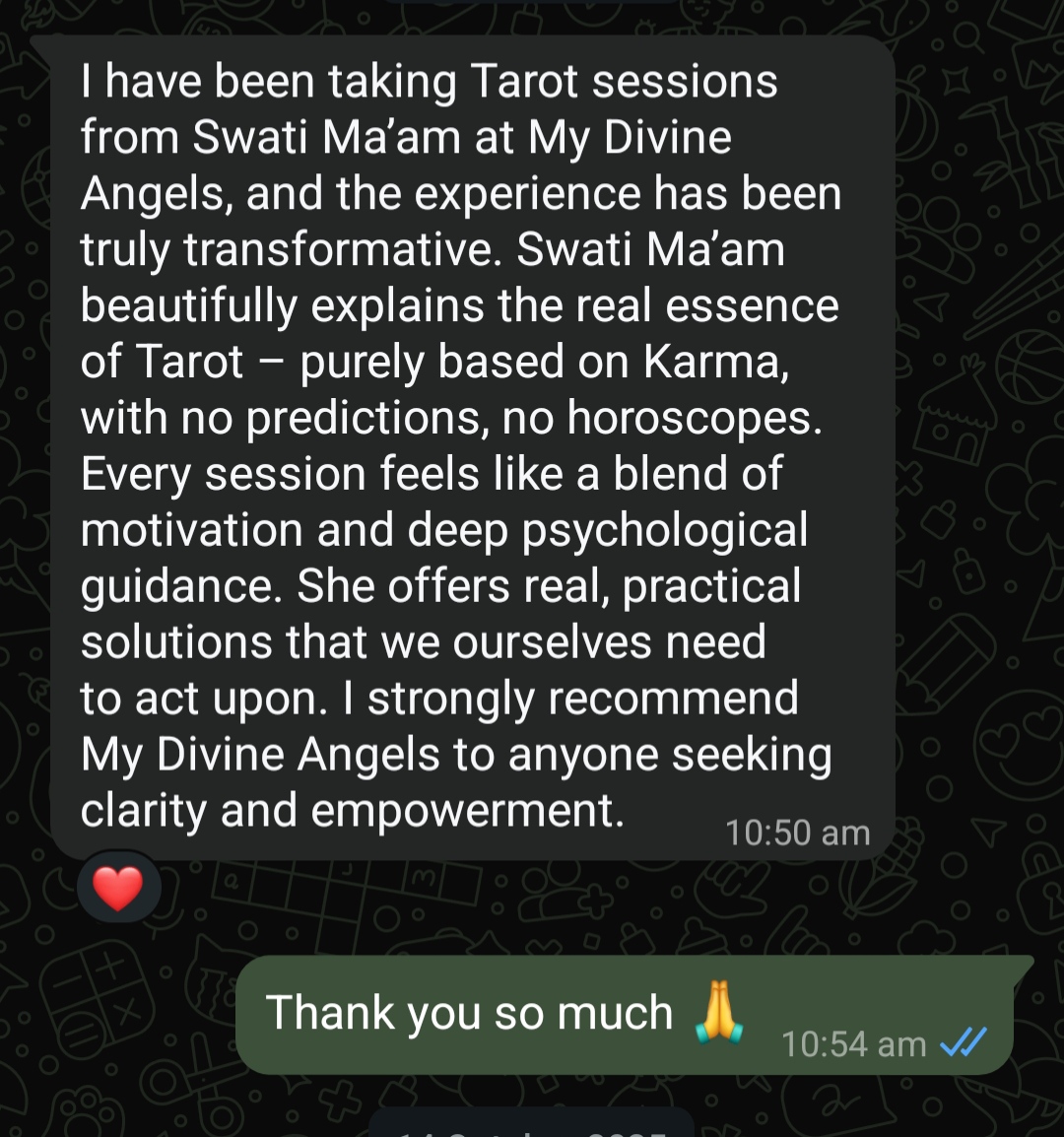Client testimonial — karma-based tarot guidance from My Divine Angels